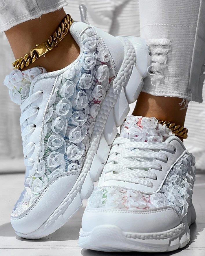 Women's Sneaker 2025 New Fashion Floral Pattern Sheer Mesh Patch Lace-Up Sneakers Casual Daily Round Toe Flat Sneakers