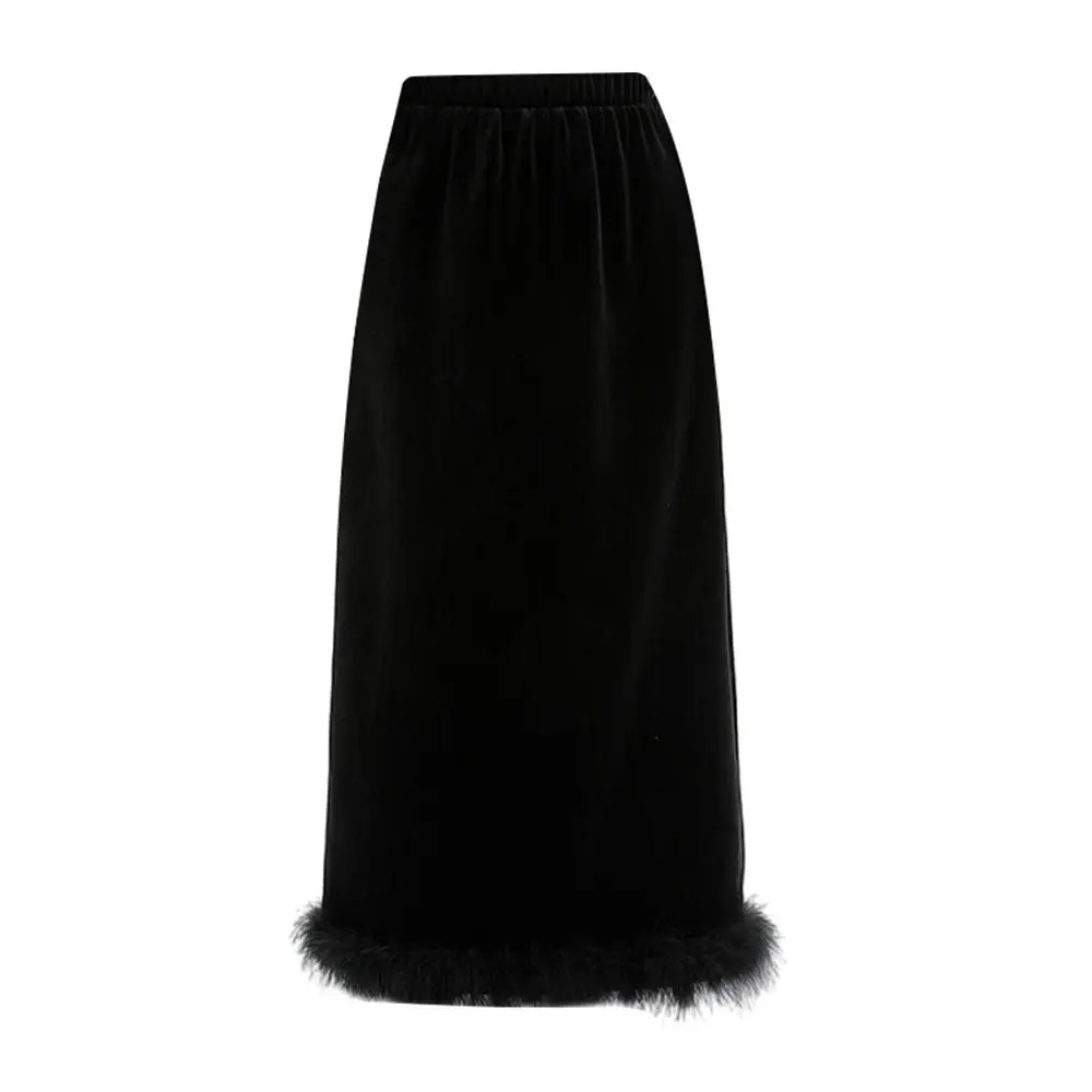 Hip Wrap Skirt Black Velvet Feather Skirt Elegant Underskirt Fishtail Skirt Long Half Skirt Wedding Dress Split Party