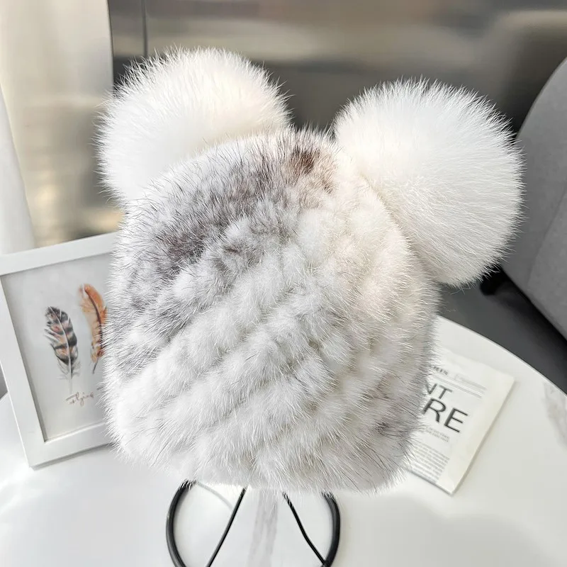 

Hot real mink fur knitted hat Women warm winter fox fur pompoms ear-protecting hats Girls fashion cute luxury 100% mink fur caps