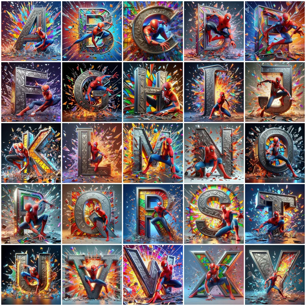 Cartoon-Diamantgemälde, Marvel Spider Man, Neuankömmling, Stickerei, 26 Buchstaben, voller runder Bohrer, Mosaik, Alphabet, Raumdekoration