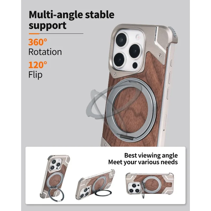 360°Rotating Ring Stand Walnut Wood Metal Frameless Magnetic Heat Dissipation Phone Case for Iphone16 15 14 13 Pro Max - Image 2