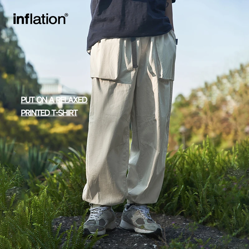 INFLATION Mens Cargo Jogger Pants Spring Elastic Waist Parachute Pants with Belt