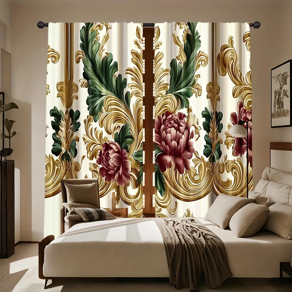 Ornate Baroque Gold Floral Curtains Window Drapery Peony Print Luxury Rococo Style Curtain Panels for Living Room Home Decoratio