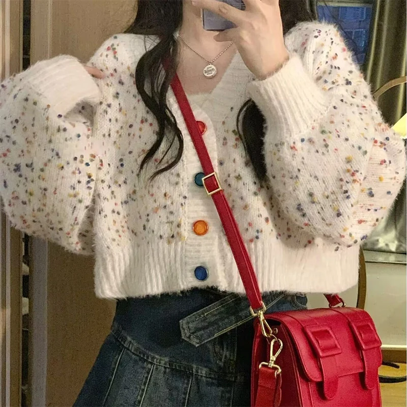Autumn Warm Knitted Cardigan for Women Sweet Gentle Style Short Sweater Cardigans Woman Colorful Button Contrast V-Neck Cardigan