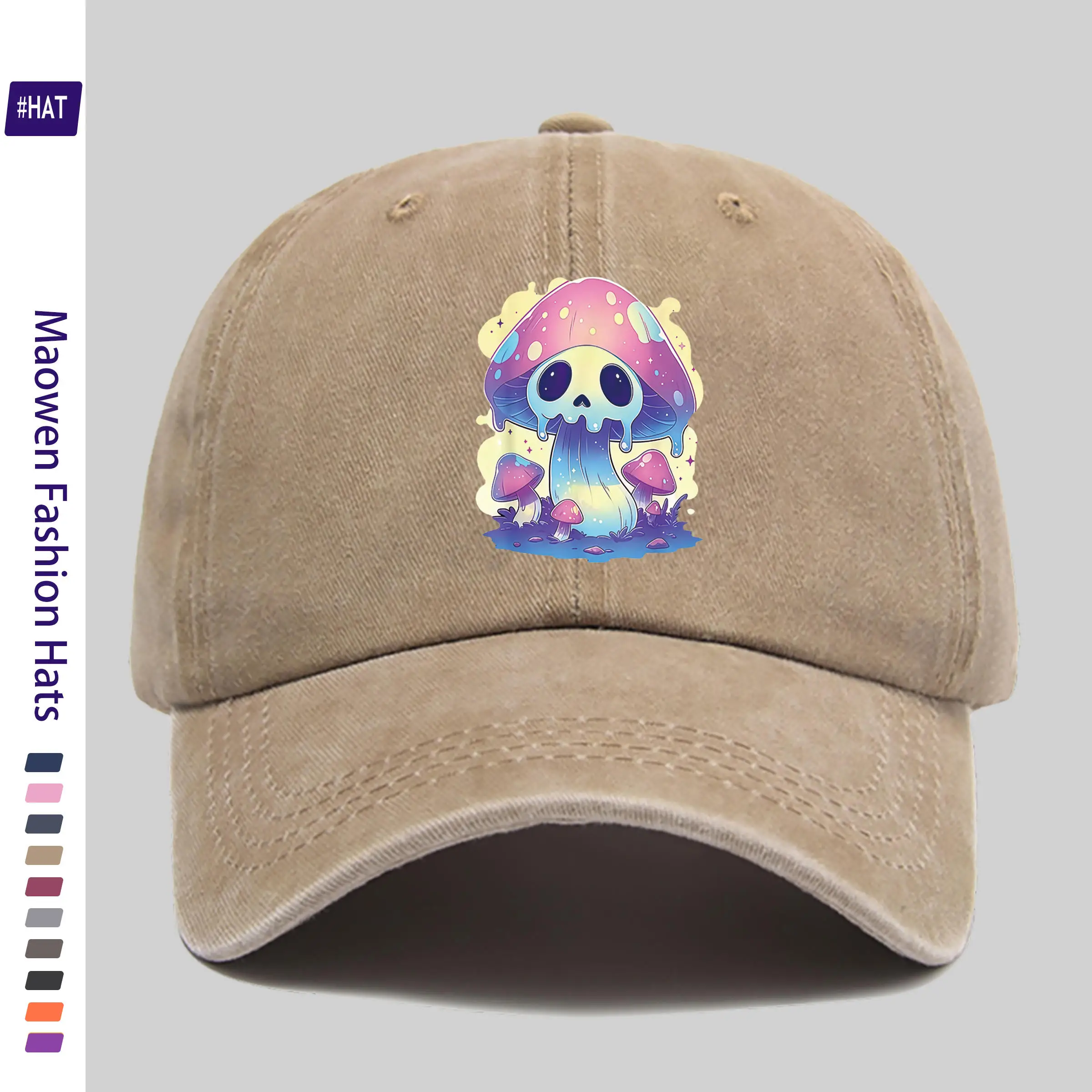 1pc of Washed Baseball Cap Featuring a Cute Soft-light Gothic-style, Eerily Adorable Zombie Mushroom Pattern Heat Transfer Print