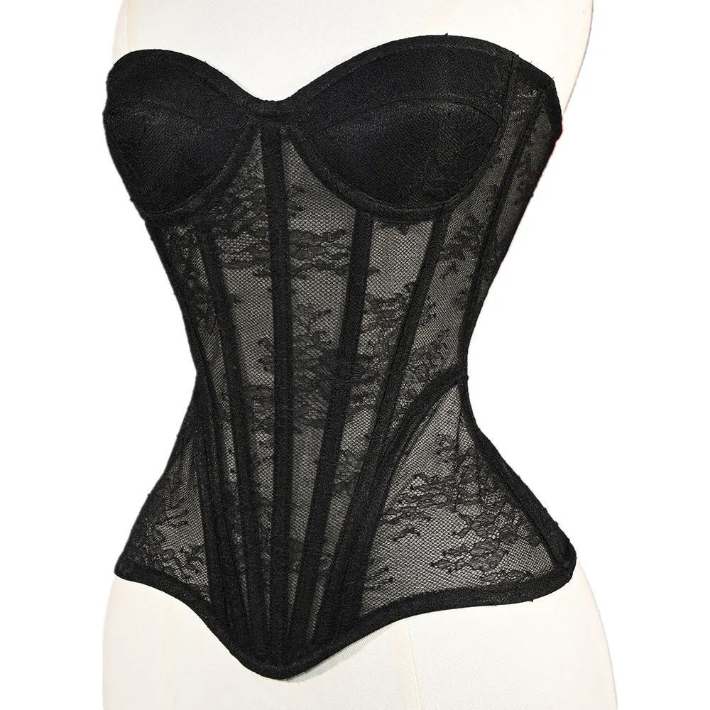 

Готический кружевной прозрачный корсет с рыбьей косточкой, женский корсет без бретелек с чашкой бюстгальтера, бюстье, топ, сетчатое женское сексуальное женское белье, корсет