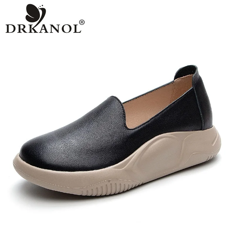 DRKANOL 2024 Genuine Leather Shoes Women Flat Platform Casual Slip On Loafers Comfort Lightweight Single Shoes Zapatillas Mujer