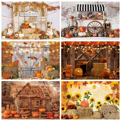 Autumn Halloween Backdrop For Photography Bumper Harvest Pumpkins Maple Leaves Vintage Brick Wall Photo Background Photocall