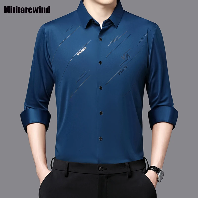 

New Men's Seamless Long Sleeve Shirt Spring Autumn Casual Men's Social Shirt Lapel Stretch Printed Shirt Male Fashion Tops M-4XL