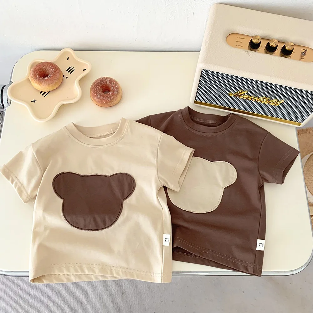 Summer Boy Girl Children Cartoon Bear Short Sleeve T-shirt Infant Patch Cute Casual Tops Baby Cotton Loose Tees Thin Kid Tshirt