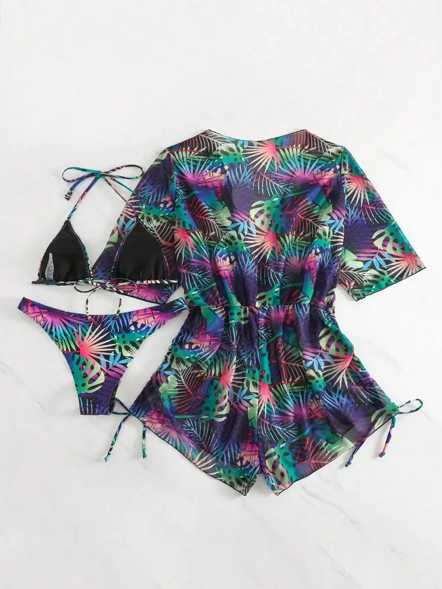 

3-Piece Women’s Neon Tropical Foliage Print Halter Bikini With Tie-Waist Sarong Cover-Up For Beach Summer Holiday