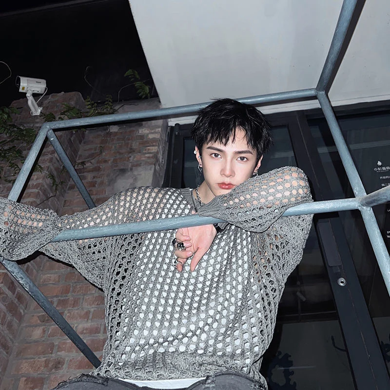 Summer Hollow Out Long Sleeve Men O Neck Knitted Sweater Sexy Fishing Net Fashion Casual High Street Oversized Tops White Black