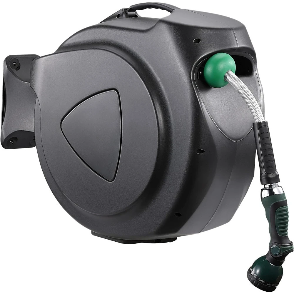 بكرة خرطوم حديقة قابلة للسحب، 100 قدم × 5/8 بوصة بكرة خرطوم مياه متينة مثبتة على الحائط مع/180 ° دعامة دوارة، بخاخ بنمط 9 - الأفضل #1