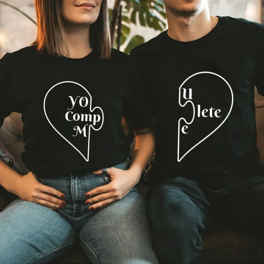 

You Complete Me Splicing Heart Print LoversT Shirt Couple Short Sleeve O Neck Loose Tshirt Women Tee Shirt Tops Camisetas Mujer
