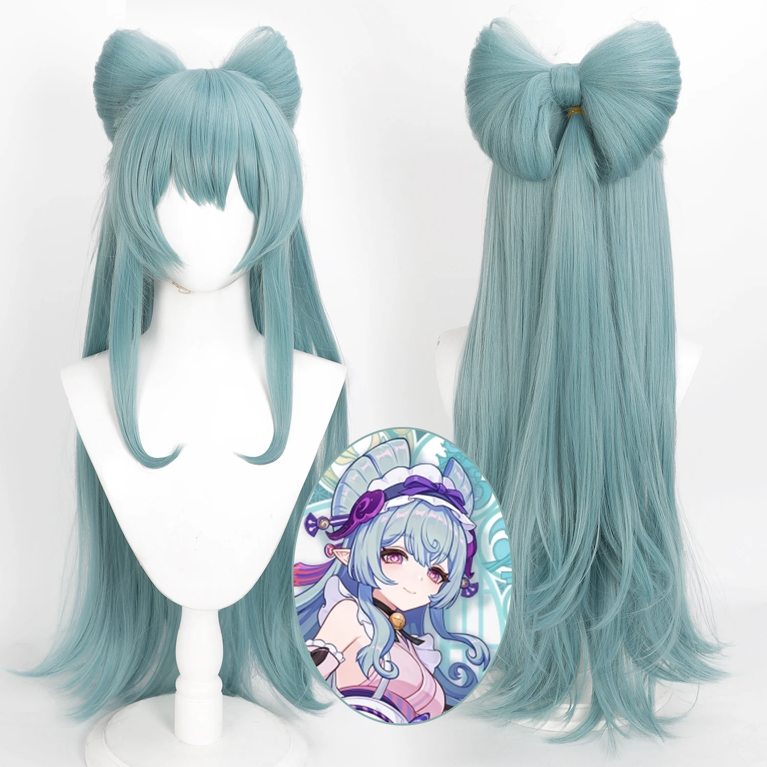 Genshin Impact Yumemizuki Mizuki Cos Wig Blue-green Long Synthetic Hair Detachable Bow Heat Resistant Anime Cosplay Wigs for Cos
