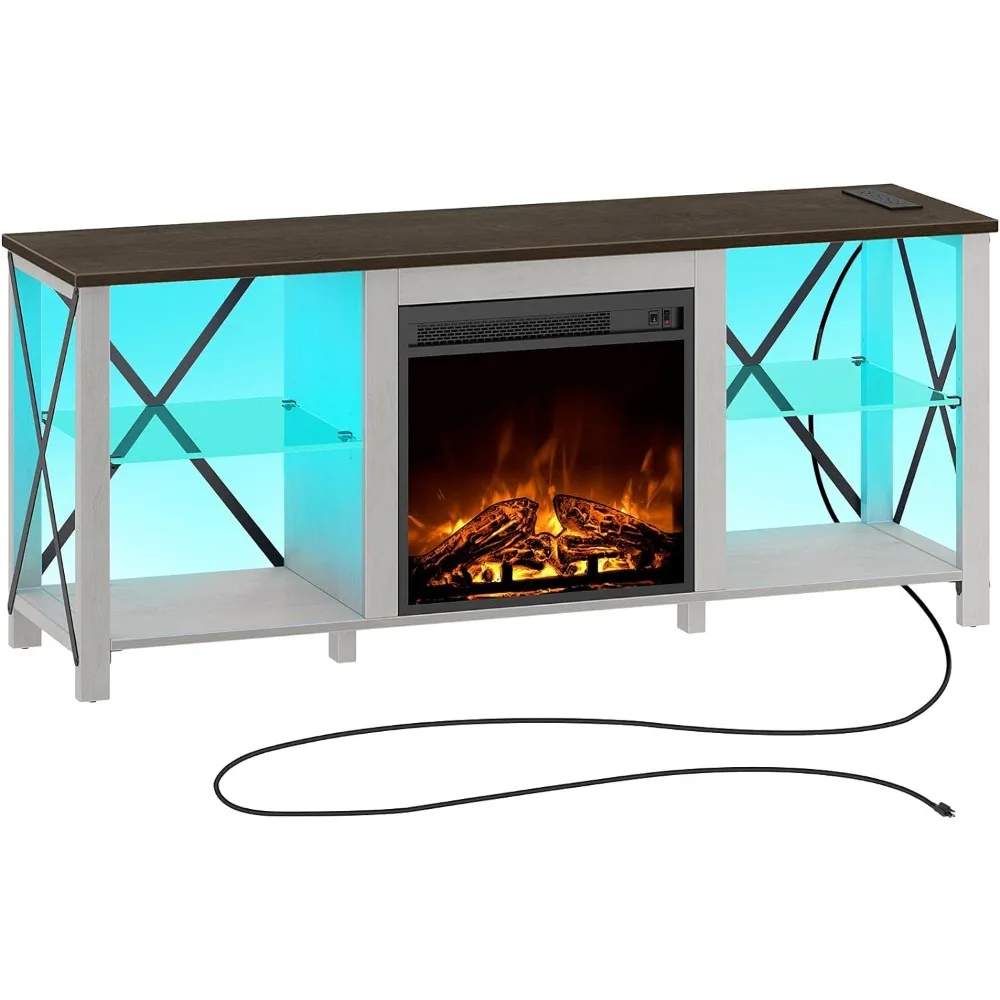 Soporte de TV para chimenea de 55 "con luces LED y tomas de corriente, estantes de vidrio ajustables, consola de TV para 32" 43 "50" 55 "65", blanco