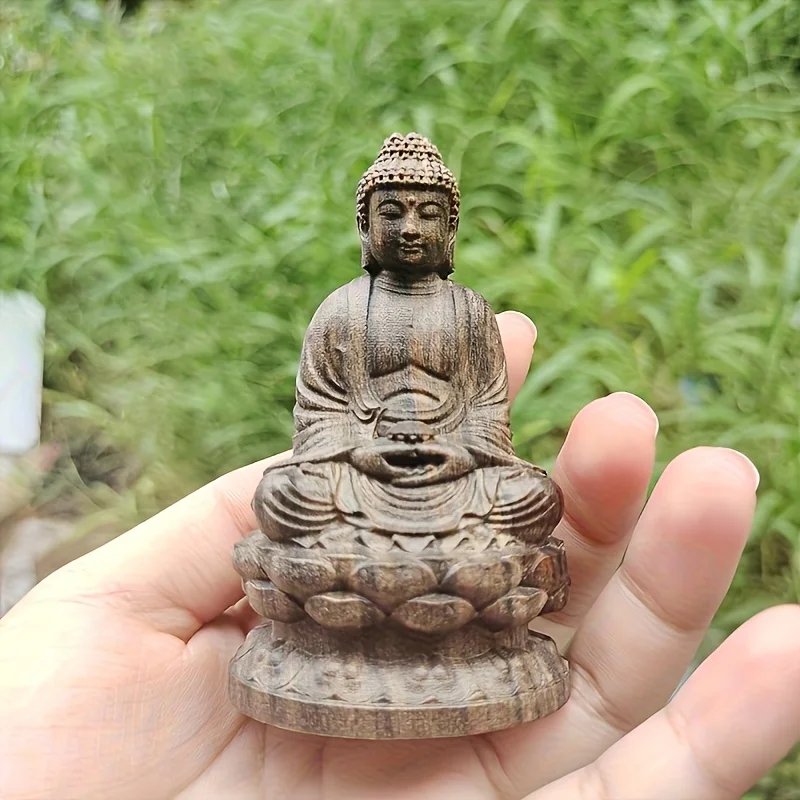 1 piece of agarwood Amitabha Buddha, carved from solid wood, desktop living room Buddha statue, holiday decoration, small wooden figurine ornament