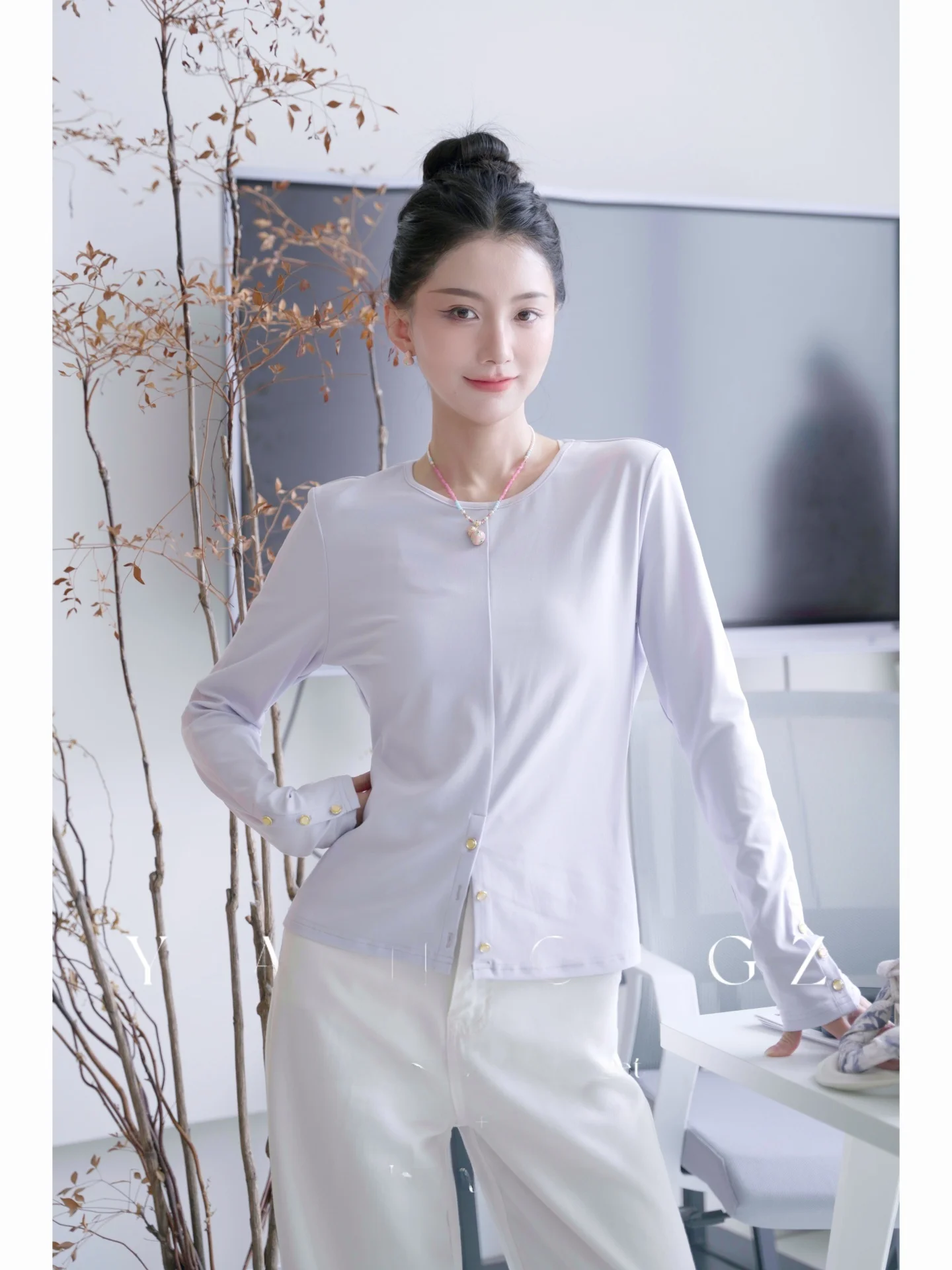 

Yang GZ New Chinese Sle Slimming Ruffle Knitted Top Women's Long Sve round Ne Pullover Cover up Faionable Versatile