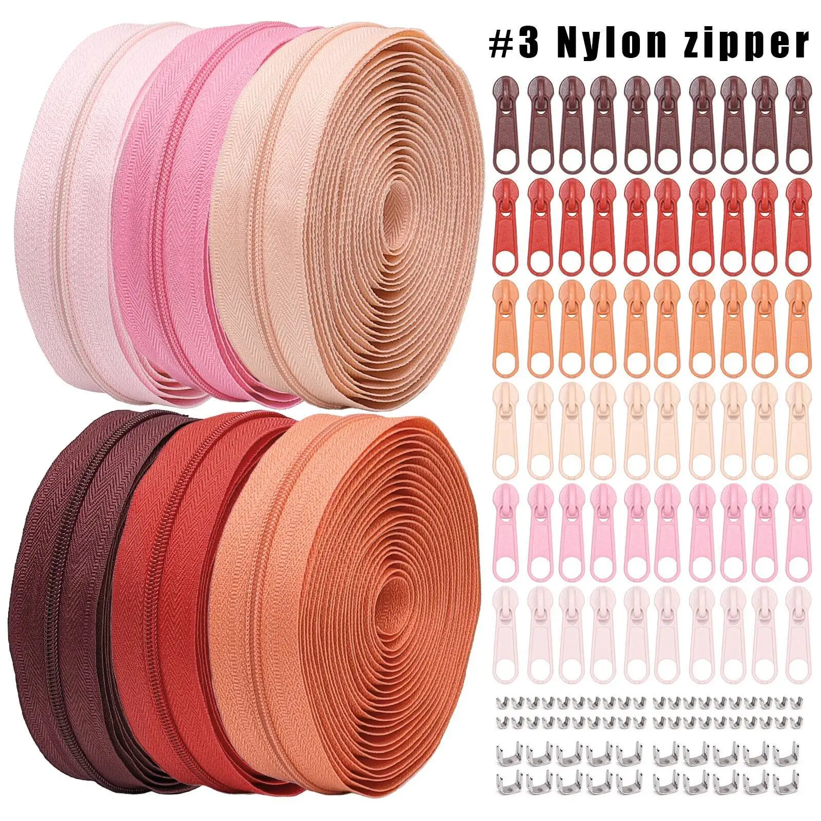 

1 Set 6-Color Nylon Kit: 30 Of Zippers 6Pcs 5 Yards Each 60 Zipper Sliders 10Pcs × 6 Colors + 20 Bottom S