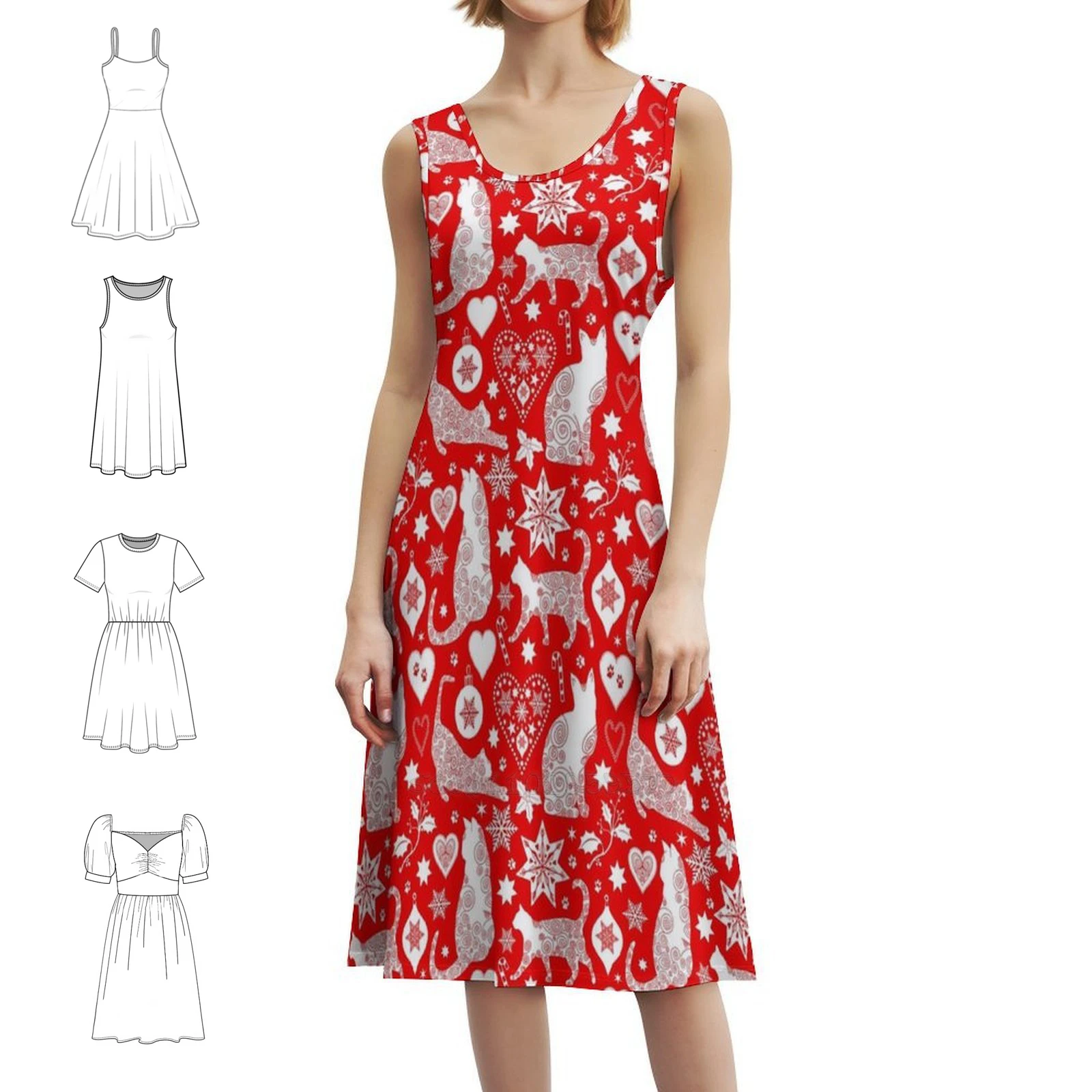 الأحمر والأبيض القط عيد الميلاد الفن الشعبي الاسكندنافي خمر فستان بوهيمي نفخة الأكمام أو خيارات بلا أكمام لفستان المرأة