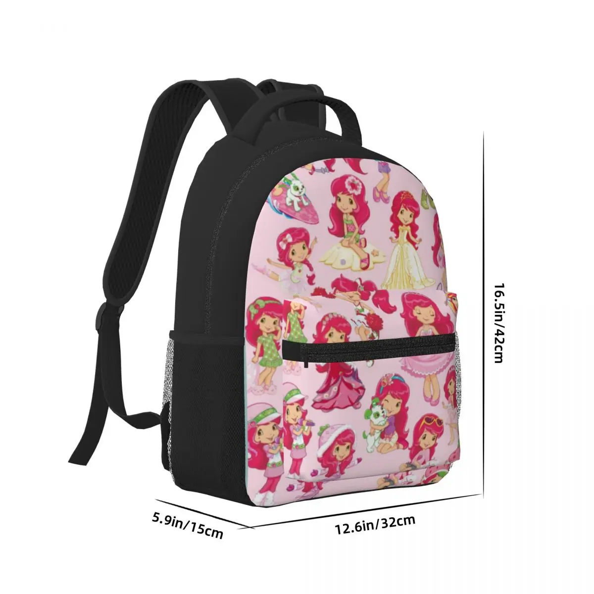 Cartoon-Roze-Aardbei-Shortcake Nieuwe Modieuze Bedrukte Lichtgewicht Casual Schooltas Voor School, Buiten, Winkelen 17Inch