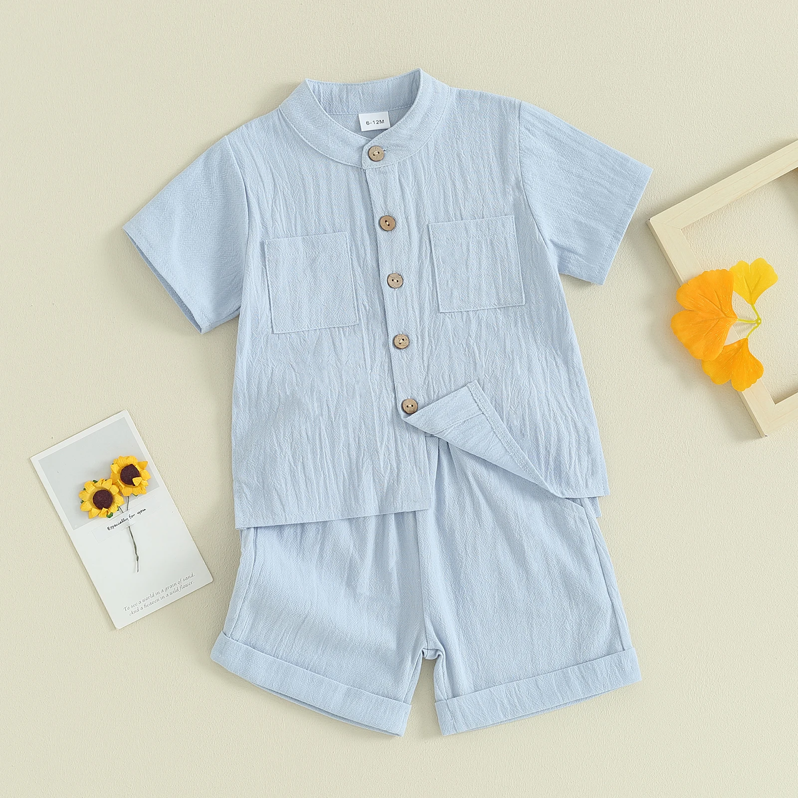 Kids Baby Boys Summer Cotton Linen Solid Short Sleeve Buttons Tops and Elastic Waist Shorts Set 2Pcs Infants Clothing