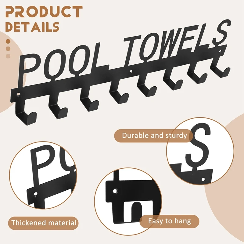 Pool Towel Rack Outdoor Wall Mount Towel Holder Towel Hooks for Bathroom Towel Hanger for Pool Area, Bathrobe Towel-A10G