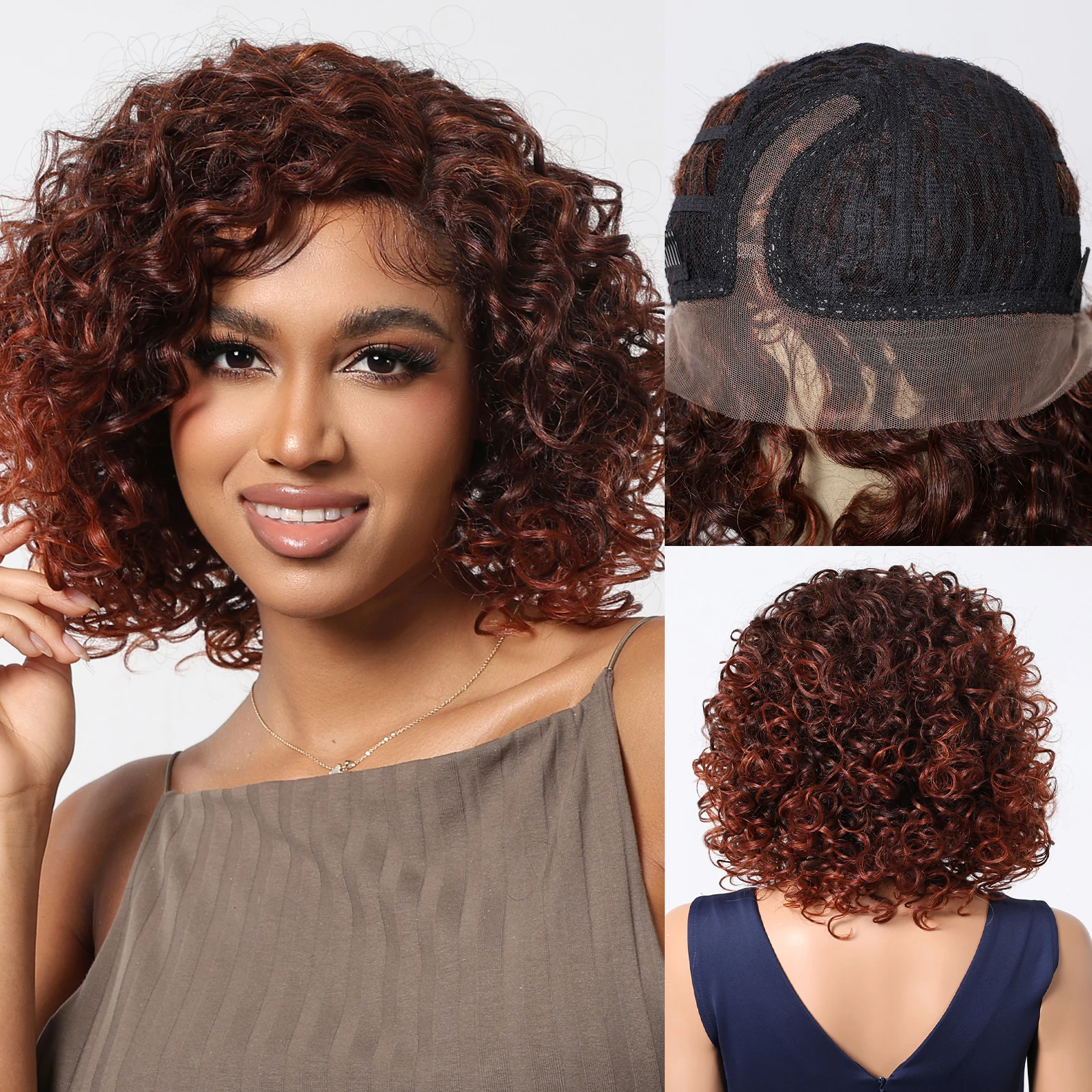 EASIHAIR Red Brown Lace Synthetic Wigs for Black Women Short Curly Lace Hair Wigs Cosplay Daily Heat Resistant Side Part Wigs