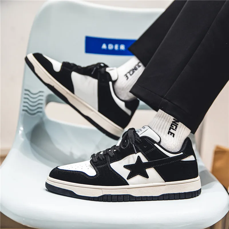 Men Star Pattern Skateboard Shoes Black White Color Block Low Top Lace Up Fashion Sneakers Street Footwear Flat Shoes