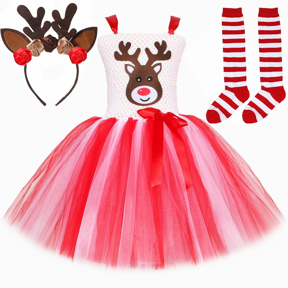 Rudolph Deer Reindeer Costume Girls Christmas Tutu Dress Antler Headband Toddler Kids Xmas Party Cartoon Animal Dress Up Clothes