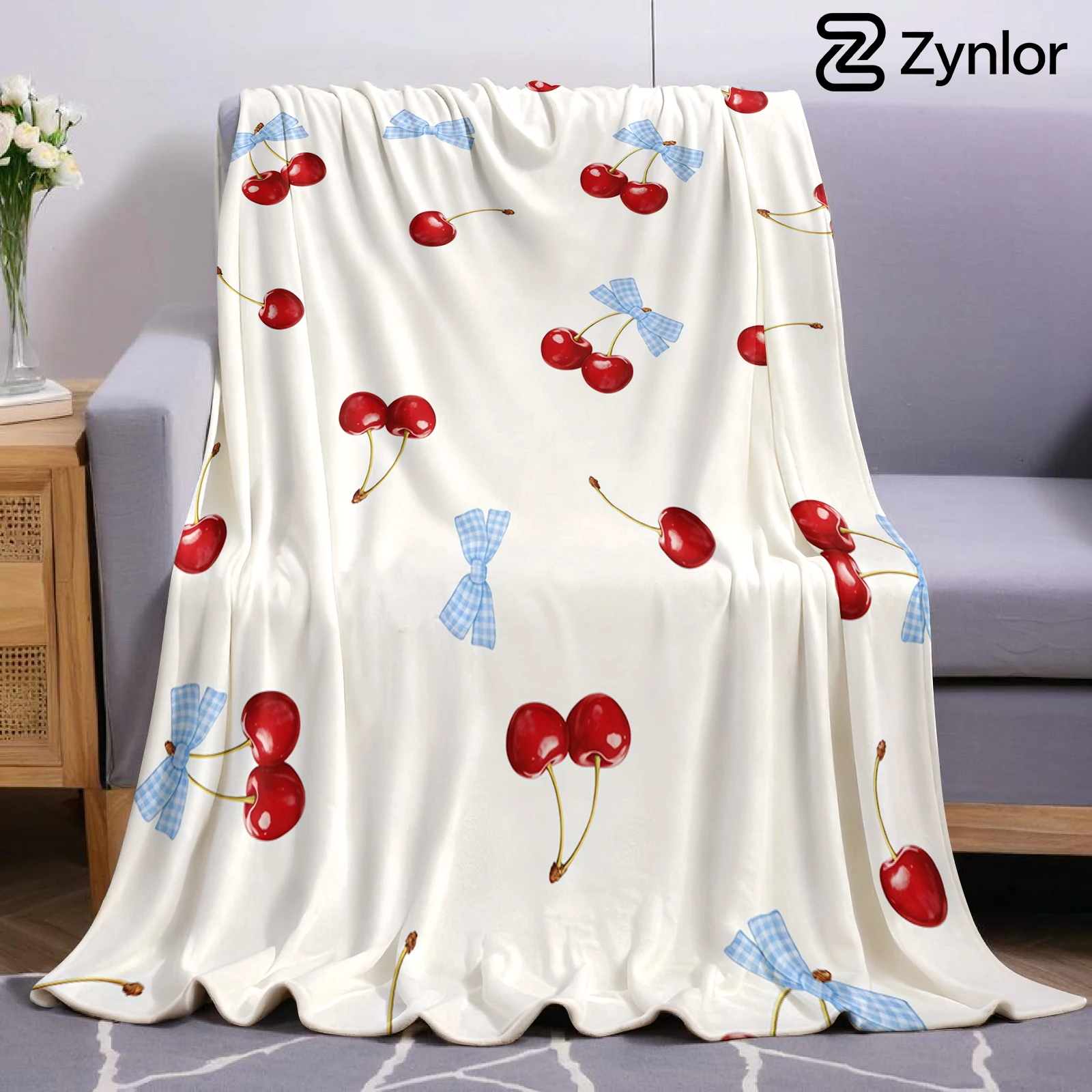 Gingham Red Cherry Cartoon Anime Print Flannel Blanket Soft Warm Throw for Kids Bedroom Sofa Bed Christmas Office Car