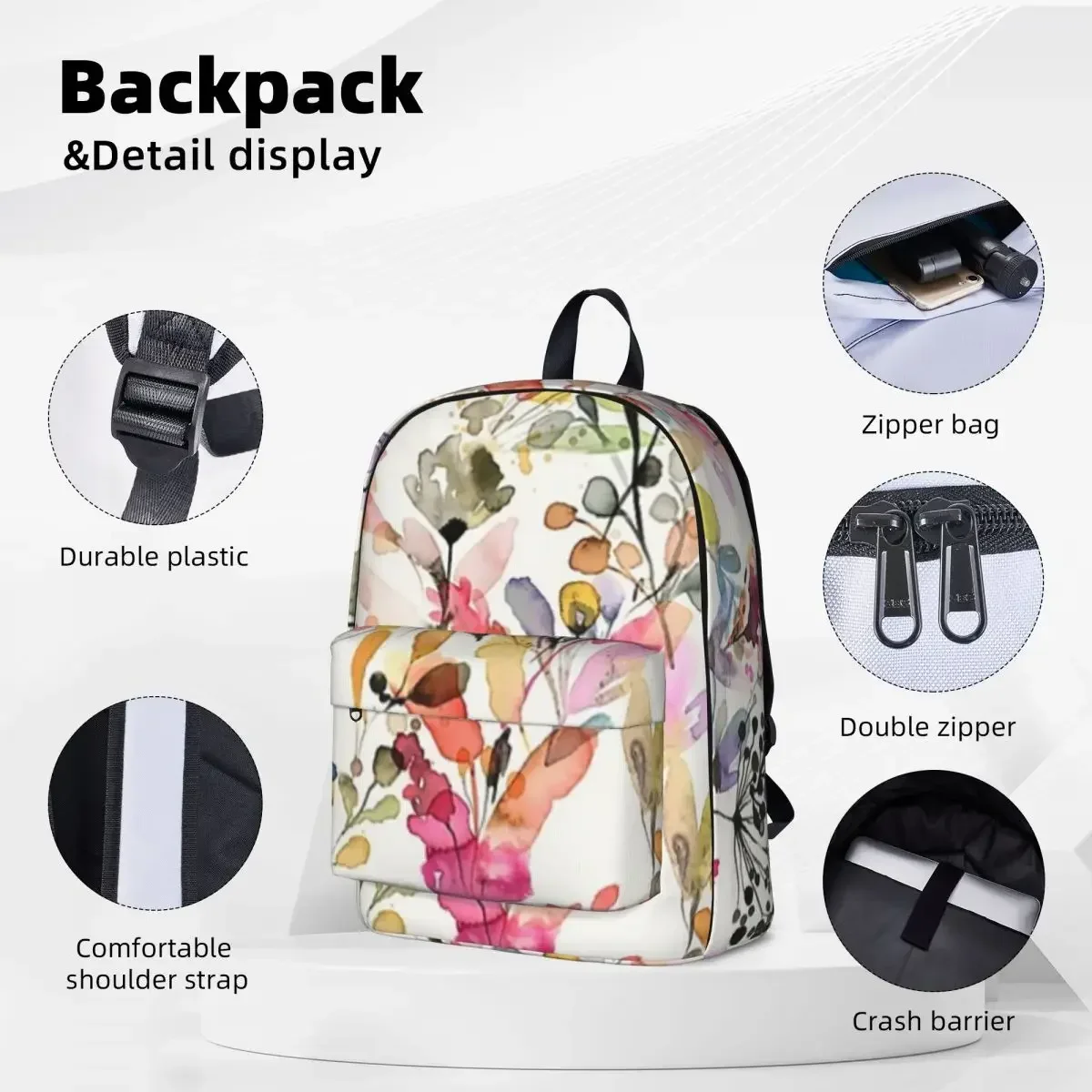 Wild Flowers And Plants Watercolor - Wild Nature Botanical Print Backpack Student School Bag Laptop Rucksack Travel Rucksack