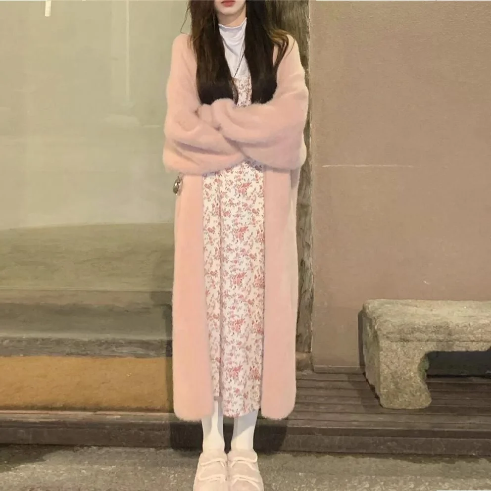 Wit Lang Vest voor dames 2024 nieuwe winterkleding Gebreide pluizige kasjmier trui met lange mouwen Koreaanse stijl warme vintage