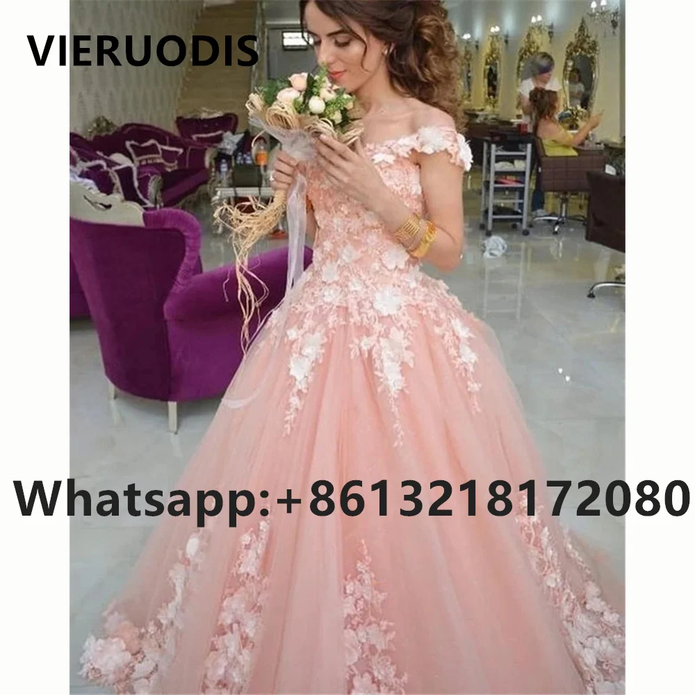

Pink Ball Gown Quinceanera Dresses Sweet 16 Appliques 3D lace Prom Gowns Vestido De 15 Anos Quinceaner