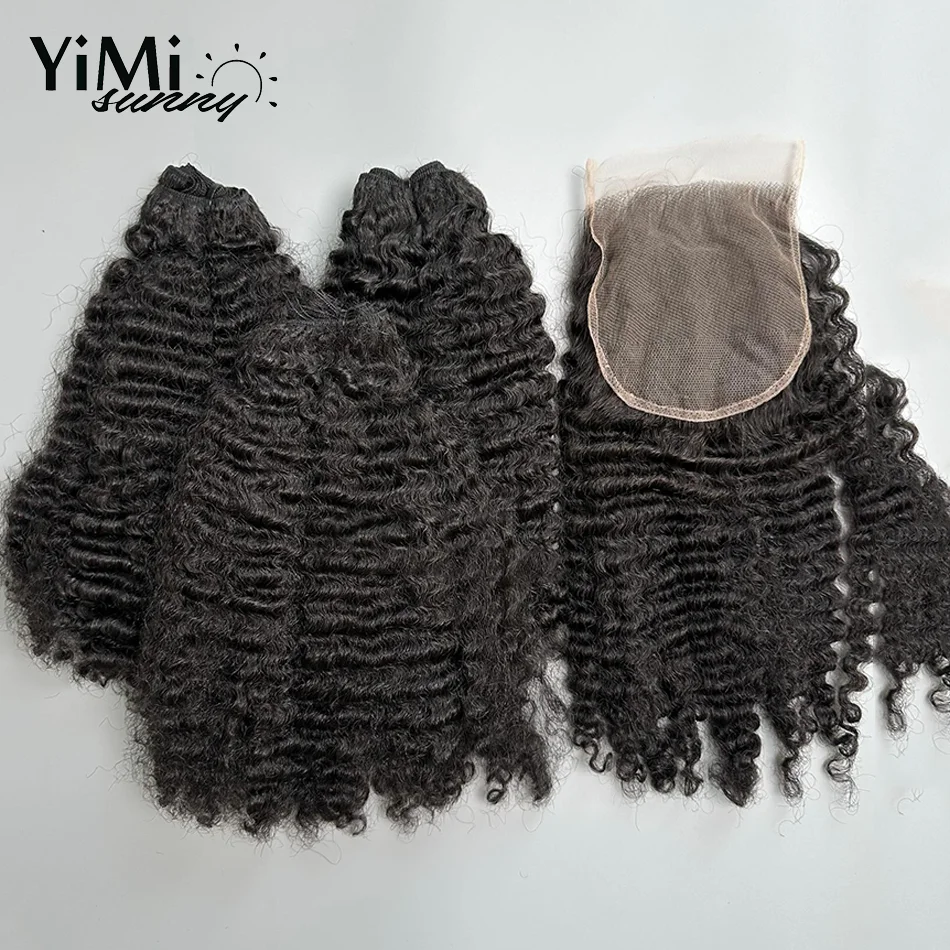 Yimisunny-pacotes encaracolados do cabelo humano com fechamento do laço 4x4 HD, tecelagem, Remy, 3C, 4A, onda profunda, trama do cabelo, trama, cabeça cheia