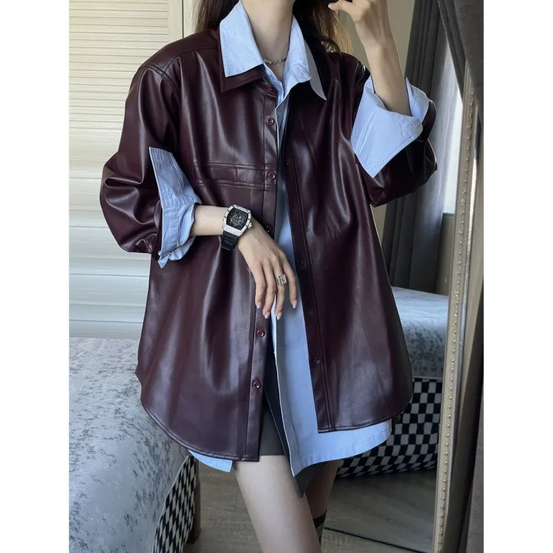 Grape Purple PU Leather Coat Women's Spring and Autumn 2024 Fashion New Vintage Jacket All-match Shirt