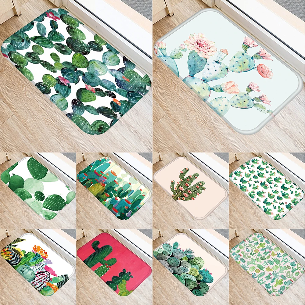 Colorful Cactus Print Pattern Home Kitchen Bathroom Entrance Floor Decoration Suede Carpet Doormat