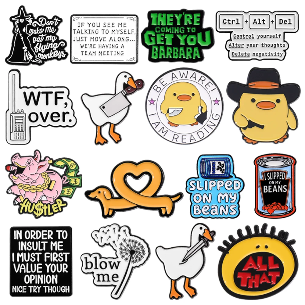 

Be Aware,I Am Reading Letters Brooch Cute Yellow Duck Knife Gun Banknotes Dollars Beans Lapel Badges Jewelry Gifts For Kids