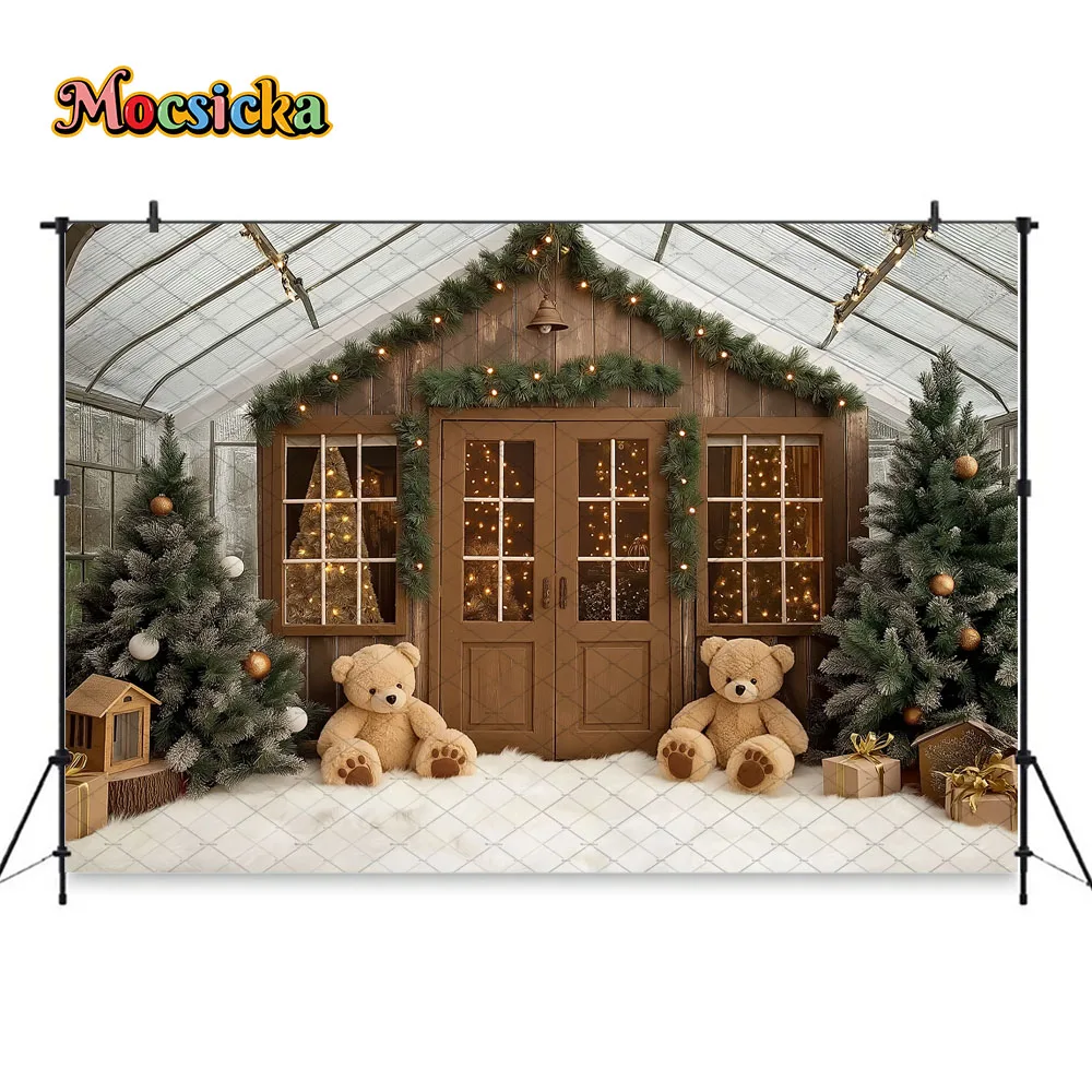 Mocsicka noël serre fond photographie arbre de noël cadeau ours porte en bois toile de fond hiver enfant bébé Photozone Studio