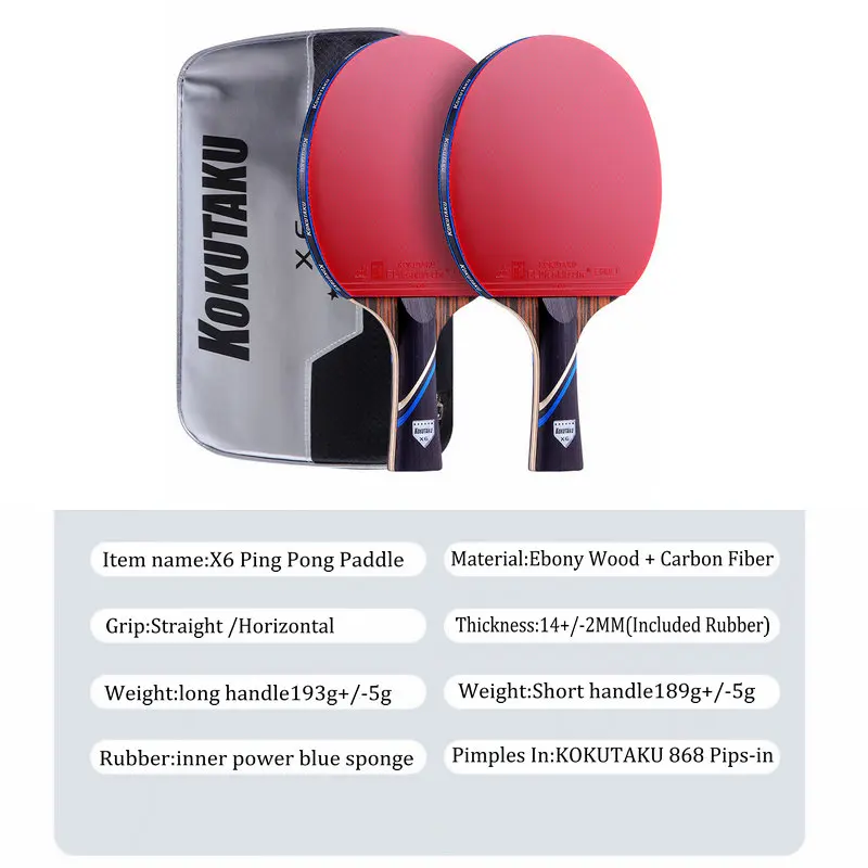 KOKUTAKU X6 Star Ping Pong Paddle Advanced 7 Plywood Ebony Carbon Table Tennis Racket Set for Training School Club