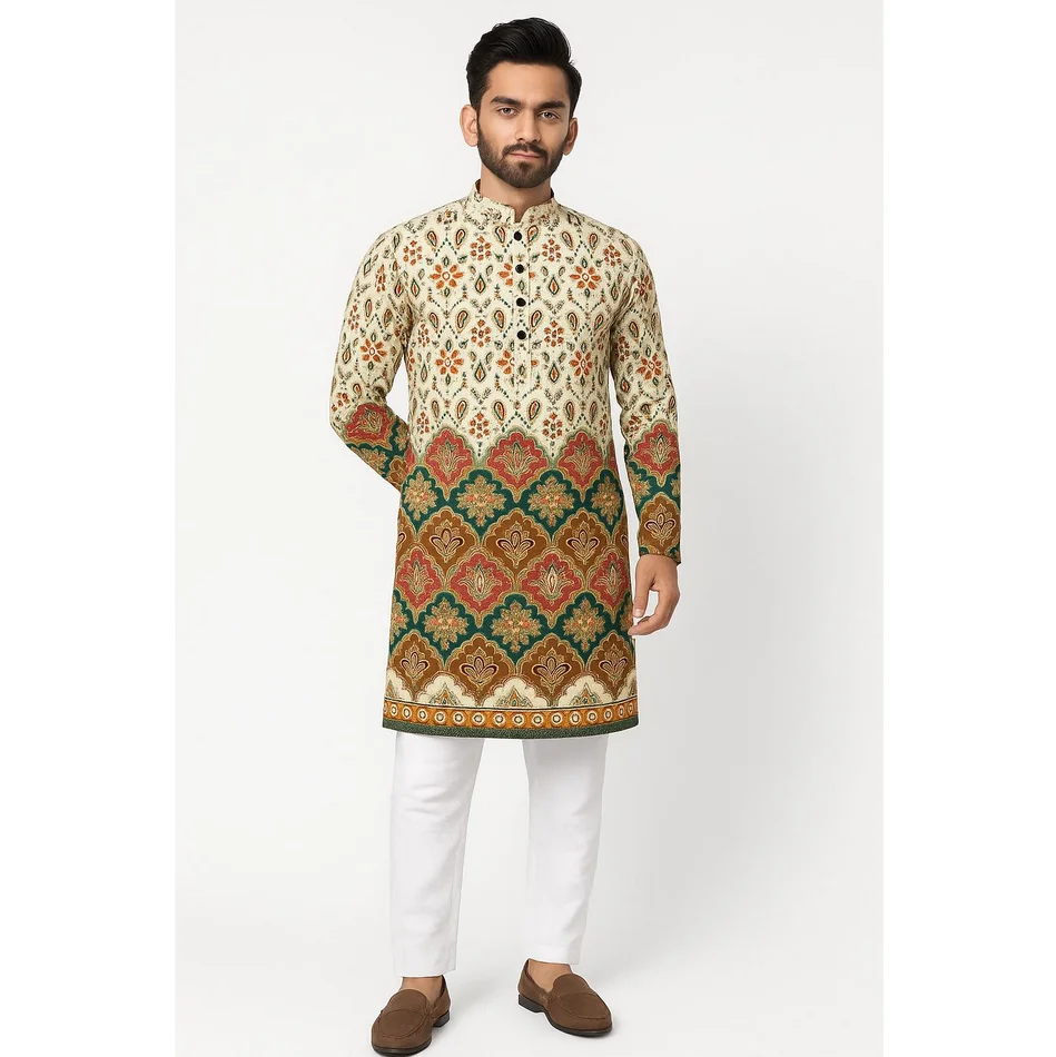 2026 uomo stampa digitale kurta pensiha vestibilità regolare colletto alla coreana lungo adatto a tutte le occasioni come matrimonio Hari Raya Aidilfitri