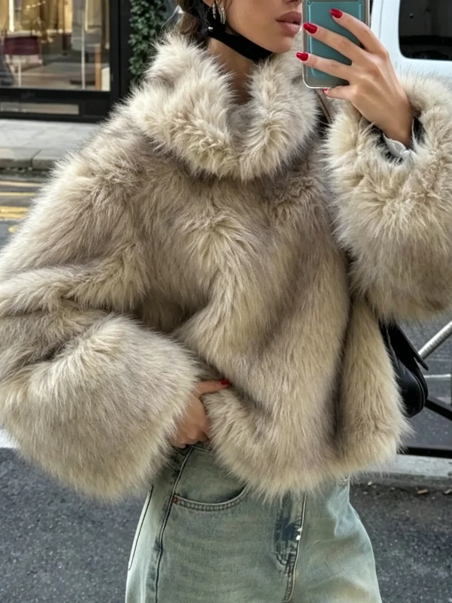 Women Cropped Faux Fur Coat High Neck Thick Fluffy Short Jacket Winter Warm Oversized Streetwear