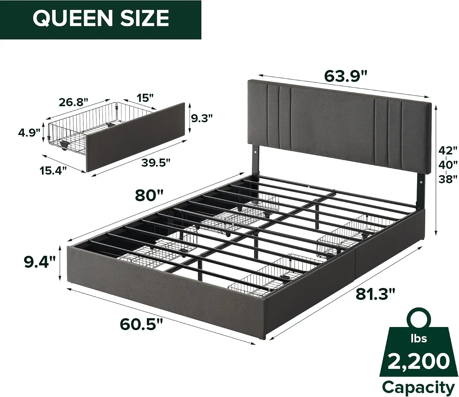 Billie Platform Bed Frame, Four Underbed Storage Drawers, Queen
