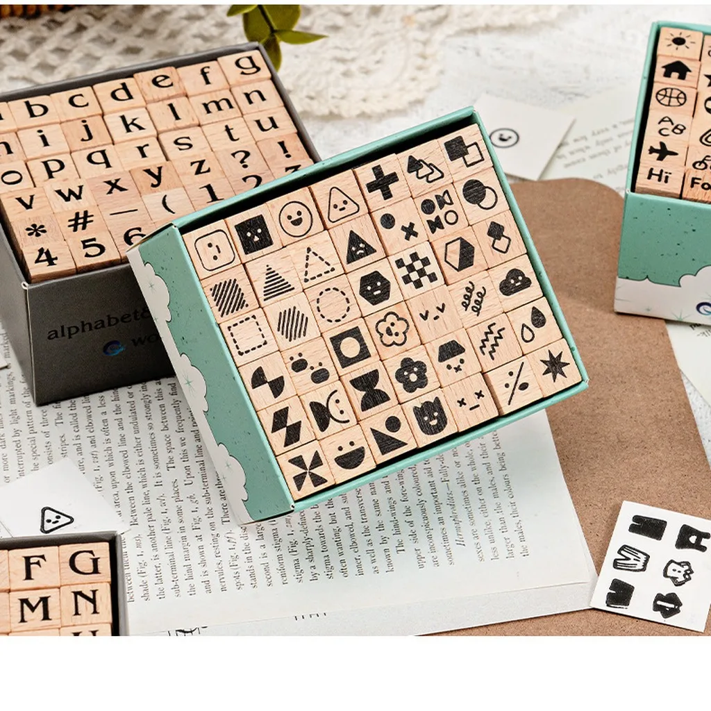 42Pcs Numbers Letters Geometric Pattern Wooden Stamp Journal Planner Scrapbooking Schedule Planning Handcraft Notebook Decoratio