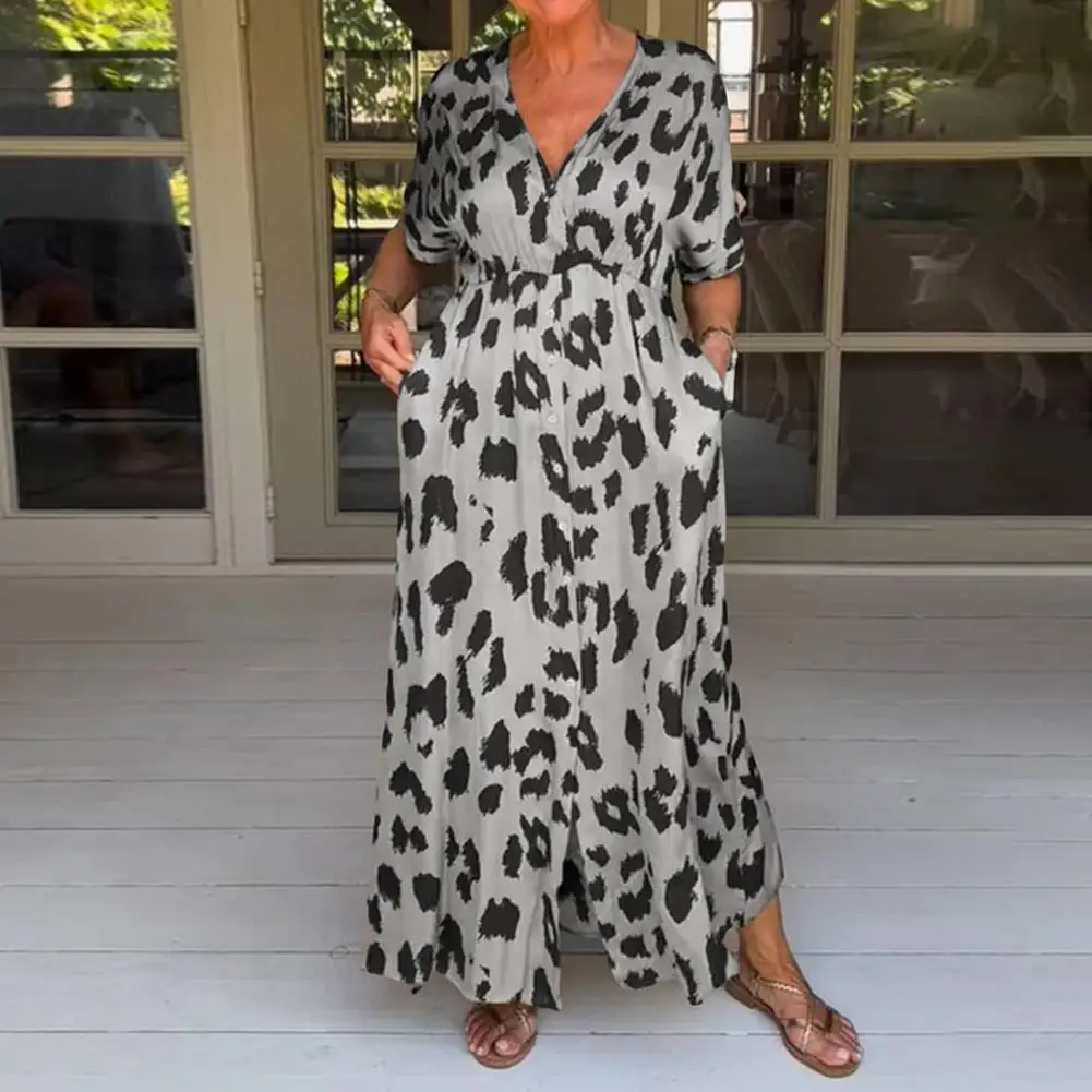 Women Leopard Print Dress V Neck Tight Waist Single-breasted Split Hem Dress Summer Ankle Length Shirt Dress Lady Maxi Dresses