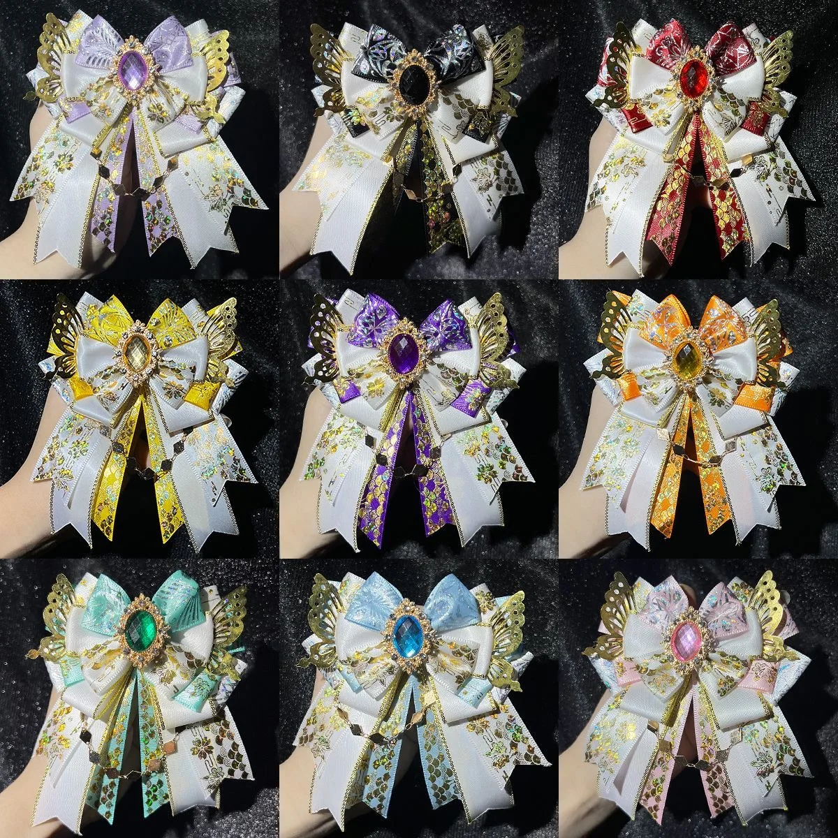 1 broche de lazo bonito, 9 colores, con cadena, alas de mariposa de alta resistencia, cinta multicapa de bloques de color, producto terminado hecho a mano DIY, para cosplay de anime y lolita, Comic Con, decoración de anime, y decoración de bolsos y mochil