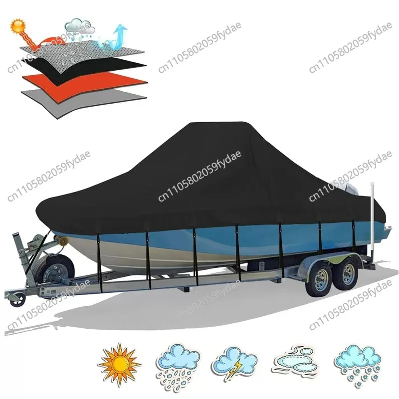 600D 10-24FT V-Trailer Boat Cover Outdoor Oxford Cloth Rainproof Anti-UV Dust Cover Marine Trailerable Canvas Boat