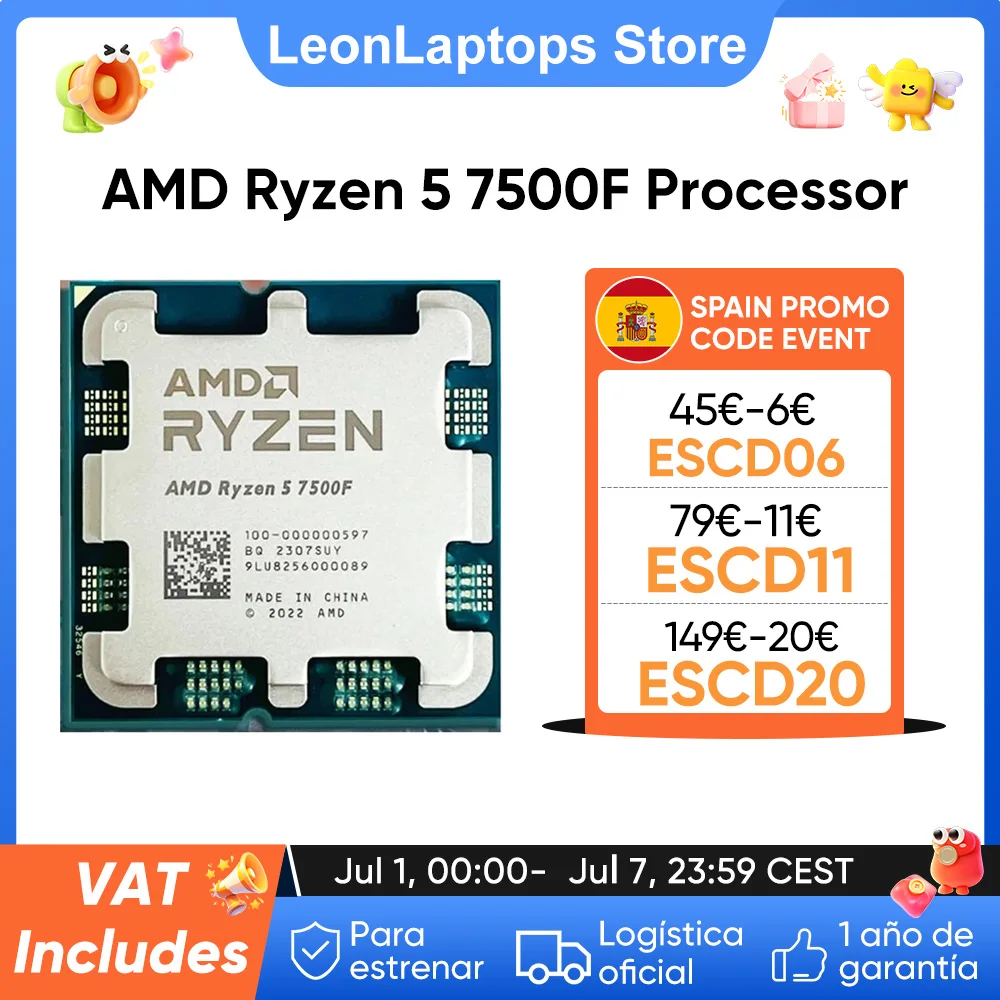 PROCESADOR AMD Ryzen 5 7500F, CPU R5 7500F, hasta 5,0 GHz, 6 núcleos, 12 hilos, 32MB, zócalo de caché de juego, AM5… — oferta en AliExpress
