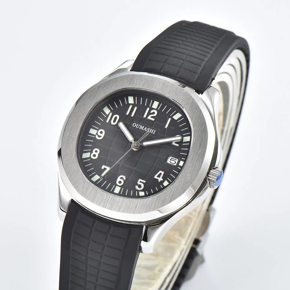 Relógio masculino prateado 42mm, movimento nh35, relógio mecânico automático, vidro de safira, pulseira de borracha, relógio à prova d'água para homens de negócios