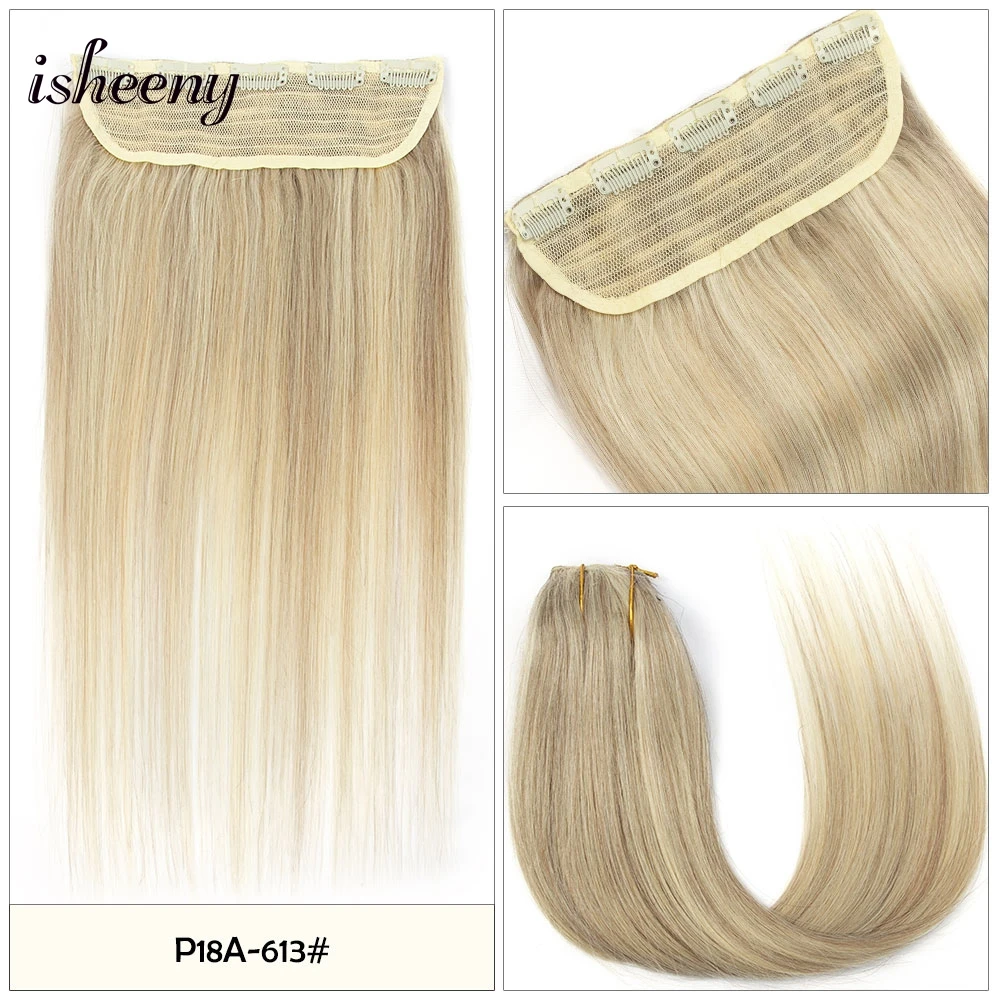مشبك من قطعة واحدة من Isheeny في الشعر البشري 14-22 بوصة خفيف الوزن ومشبك طبيعي حقيقي في وصلات الشعر الخياطة في اللحمة مع مشابك على #6